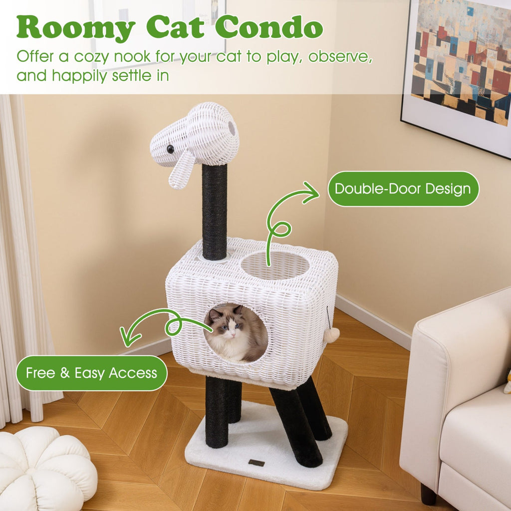 43-Inch Lamb-Shaped Cat Tower with 2-Door Rattan Condo for Indoor Kittens - Majestic Pet Kingdom