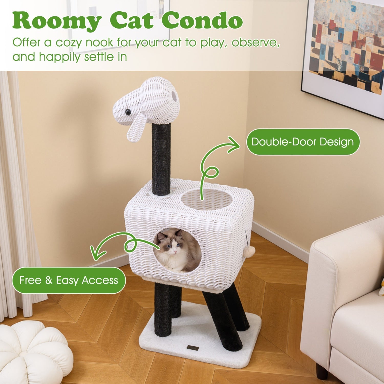 43-Inch Lamb-Shaped Cat Tower with 2-Door Rattan Condo for Indoor Kittens - Majestic Pet Kingdom