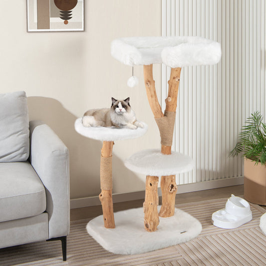 44 Inch Solid Wood Cat Tree with Perch and Natural Jute Scratching Posts-White - Majestic Pet Kingdom