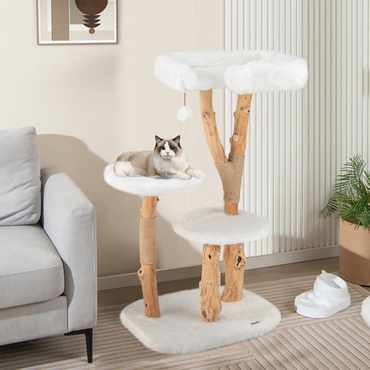 44 Inch Solid Wood Cat Tree with Perch and Natural Jute Scratching Posts-White - Majestic Pet Kingdom