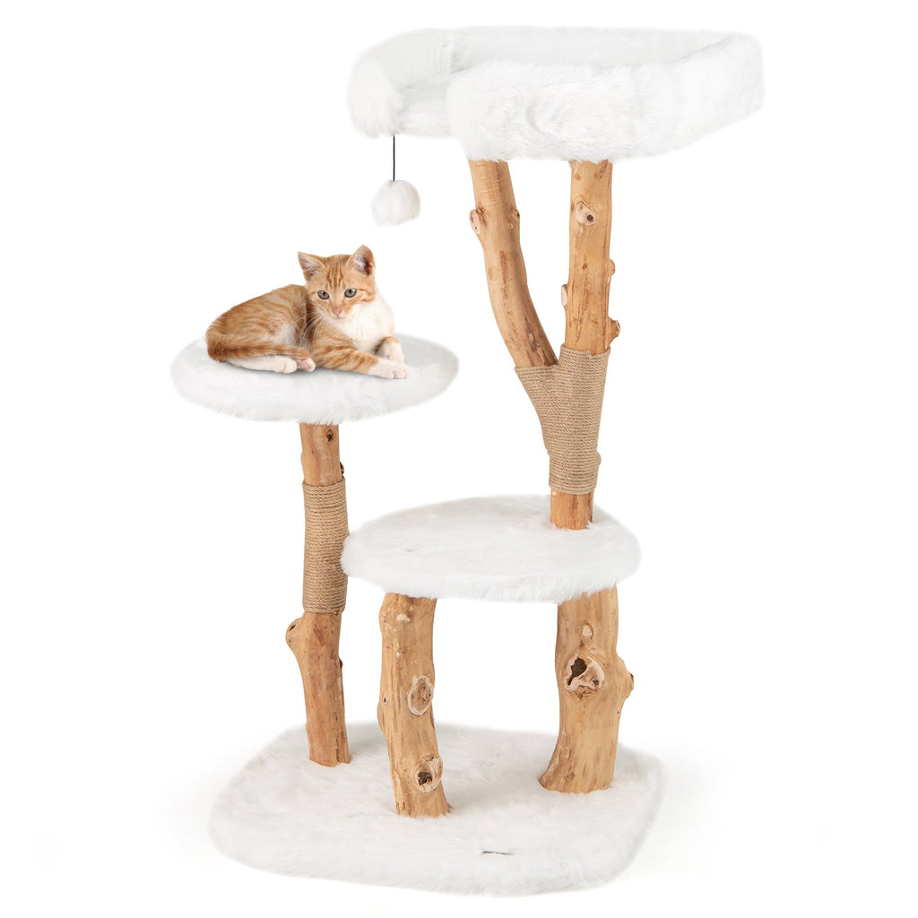44 Inch Solid Wood Cat Tree with Perch and Natural Jute Scratching Posts-White - Majestic Pet Kingdom