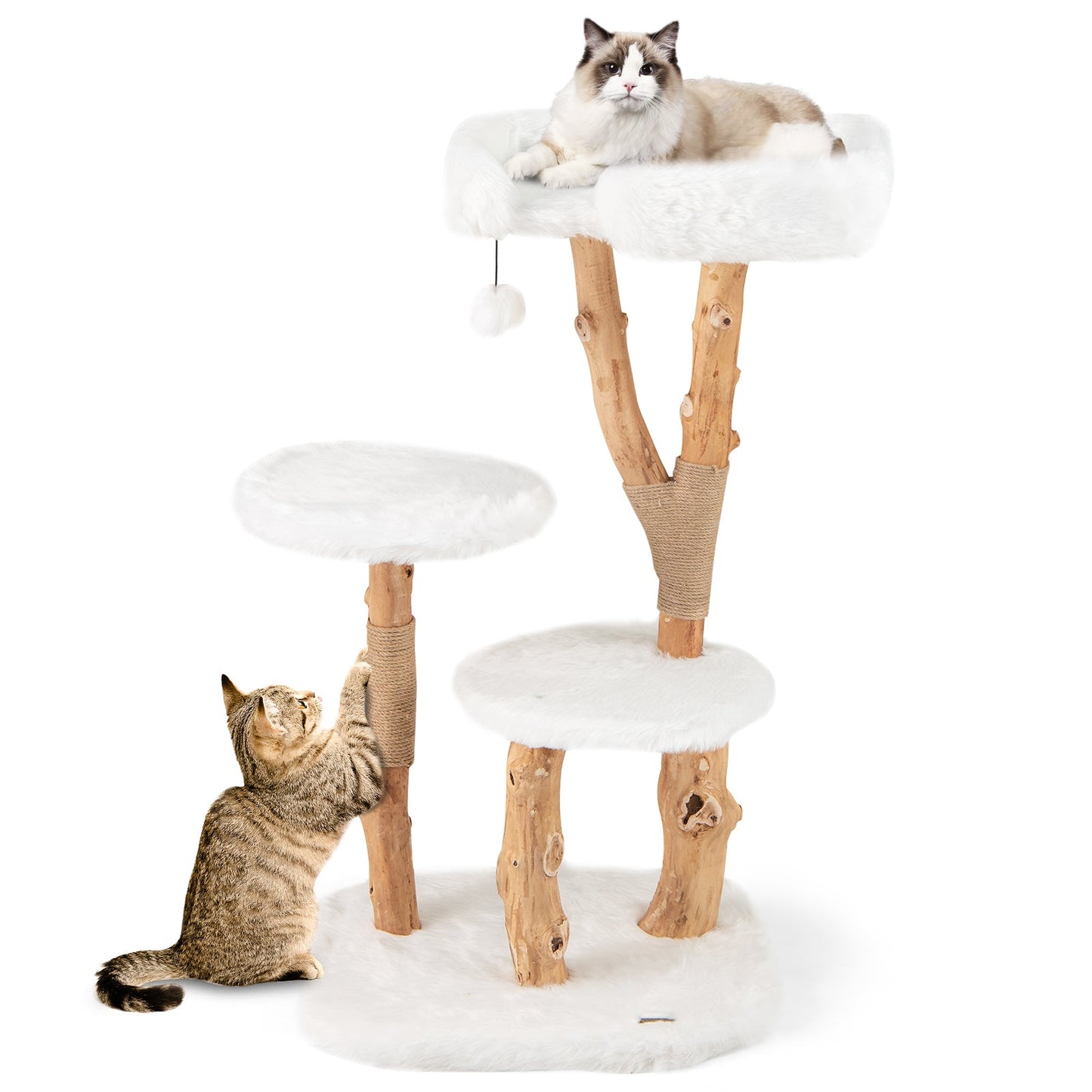 Cat Tree 44-Inch Solid Wood Tower Perch Jute Posts White Bed - Detail Angle 4 | Majestic Pet Kingdom