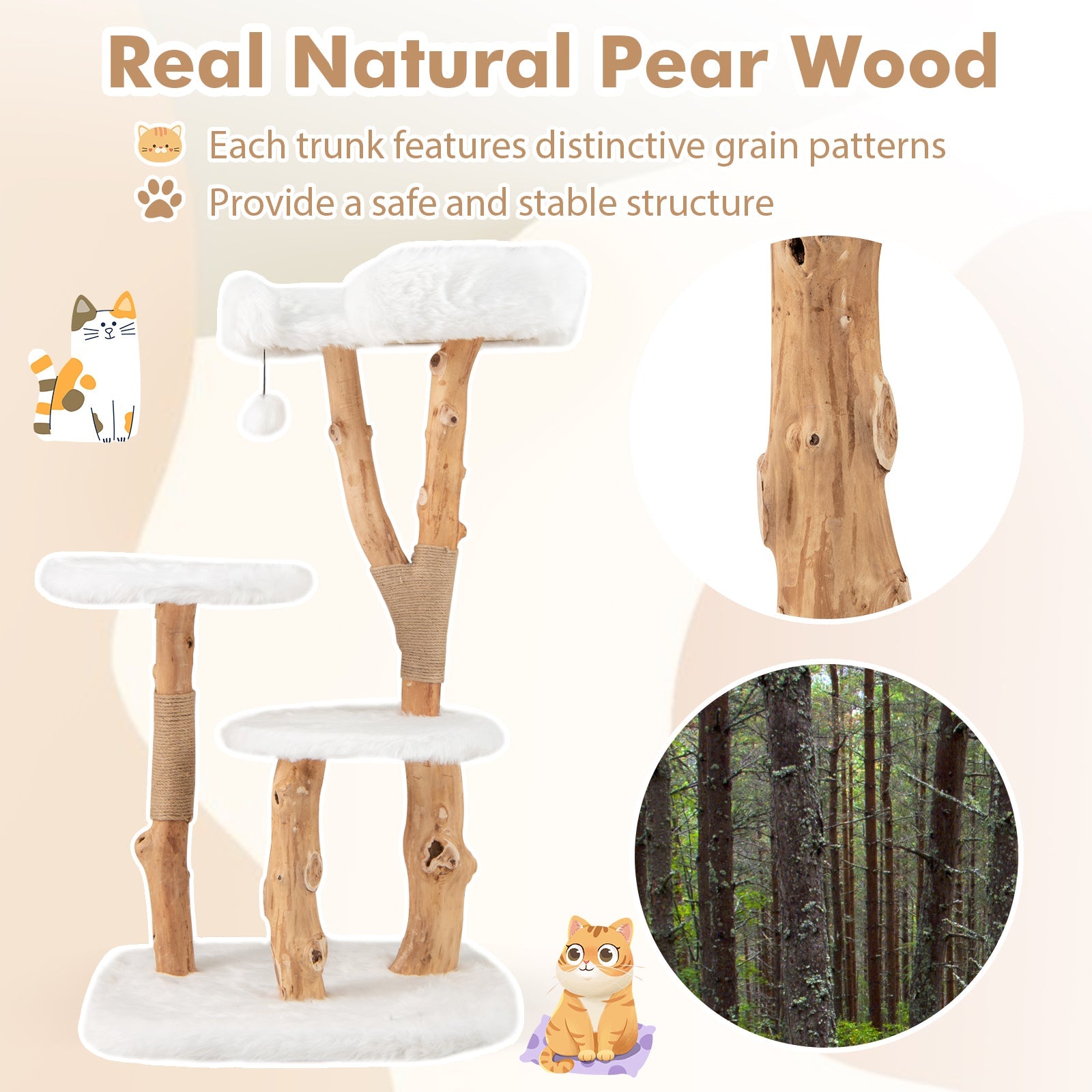 44 Inch Solid Wood Cat Tree with Perch and Natural Jute Scratching Posts-White - Majestic Pet Kingdom