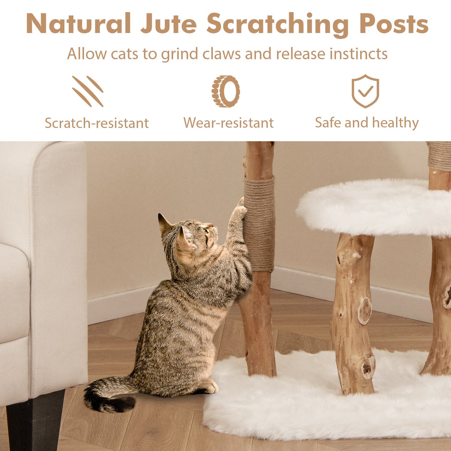 Cat Tree 44-Inch Solid Wood Tower Perch Jute Posts White Bed - Detail Angle 7 | Majestic Pet Kingdom