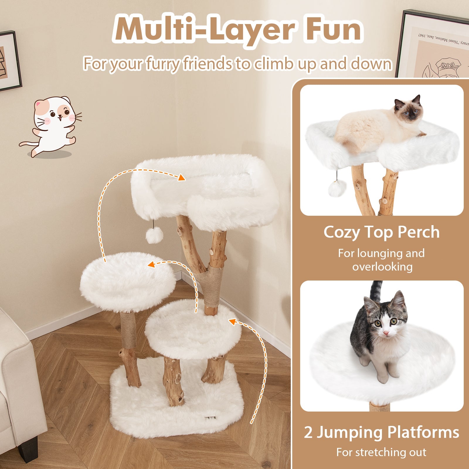 44 Inch Solid Wood Cat Tree with Perch and Natural Jute Scratching Posts-White - Majestic Pet Kingdom