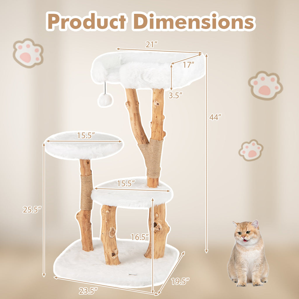 44 Inch Solid Wood Cat Tree with Perch and Natural Jute Scratching Posts-White - Majestic Pet Kingdom