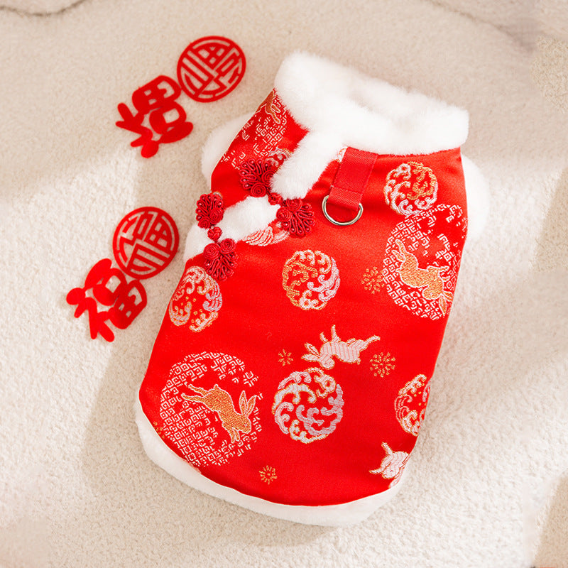 Autumn And Winter New Year's Clothes For Cats And Dogs, Festive Chinese-style Brocade Two-legged Cotton-padded Jackets, Blue Cat And Kitten Tang Suits And Vests - Premium Pet Accessory
