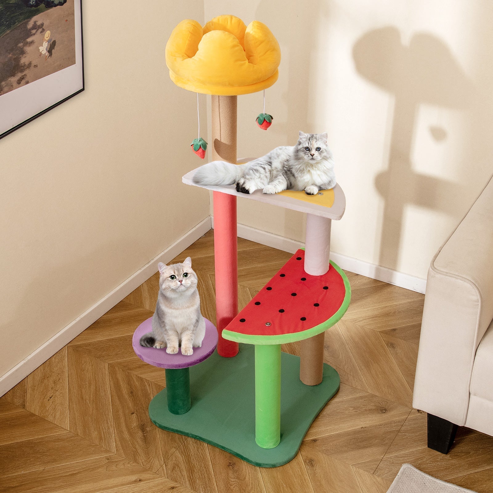 45 Inch Multi-Level Cat Tree with Plush Padded Top Perch and Fruit-Shaped Platforms - Majestic Pet Kingdom