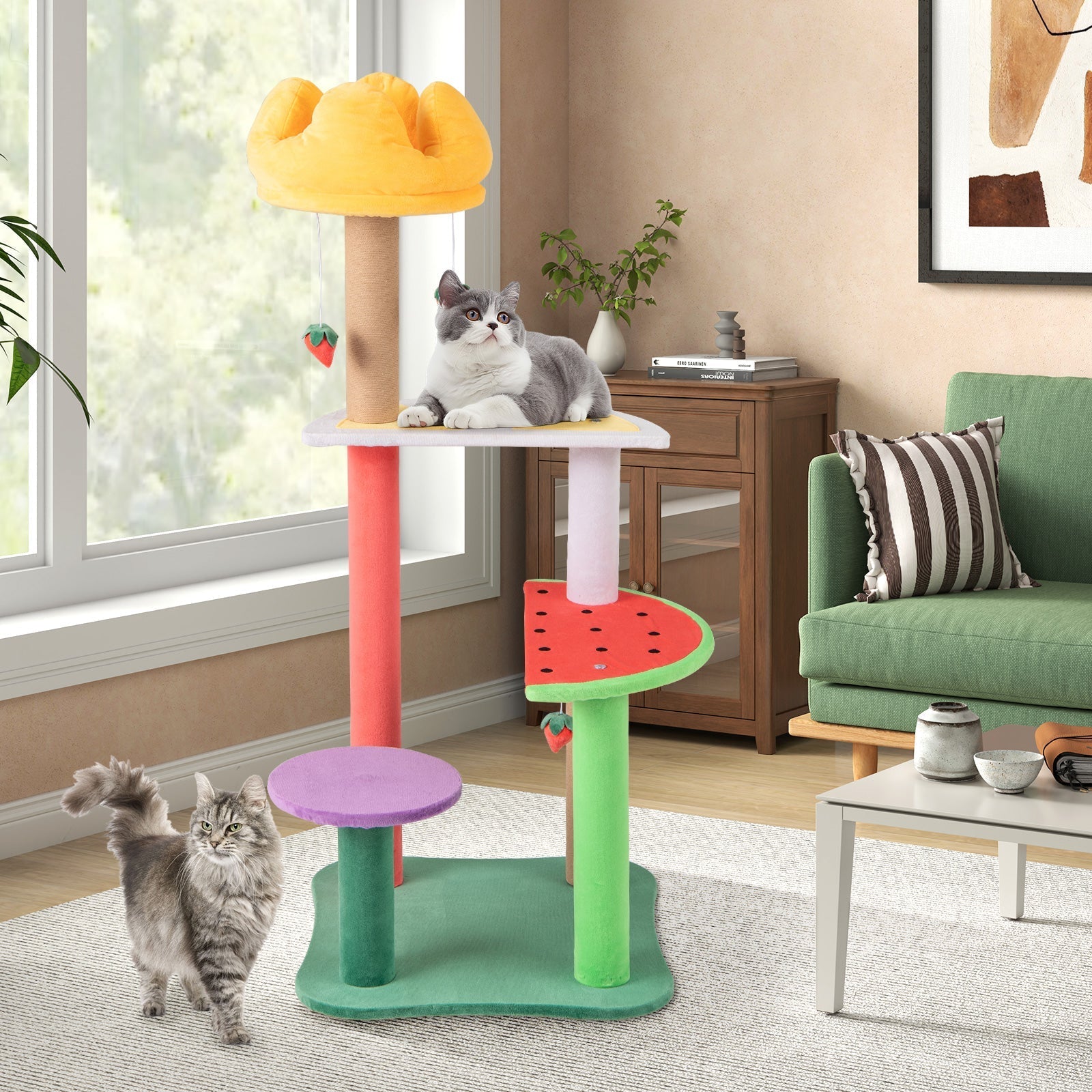 45 Inch Multi-Level Cat Tree with Plush Padded Top Perch and Fruit-Shaped Platforms - Majestic Pet Kingdom
