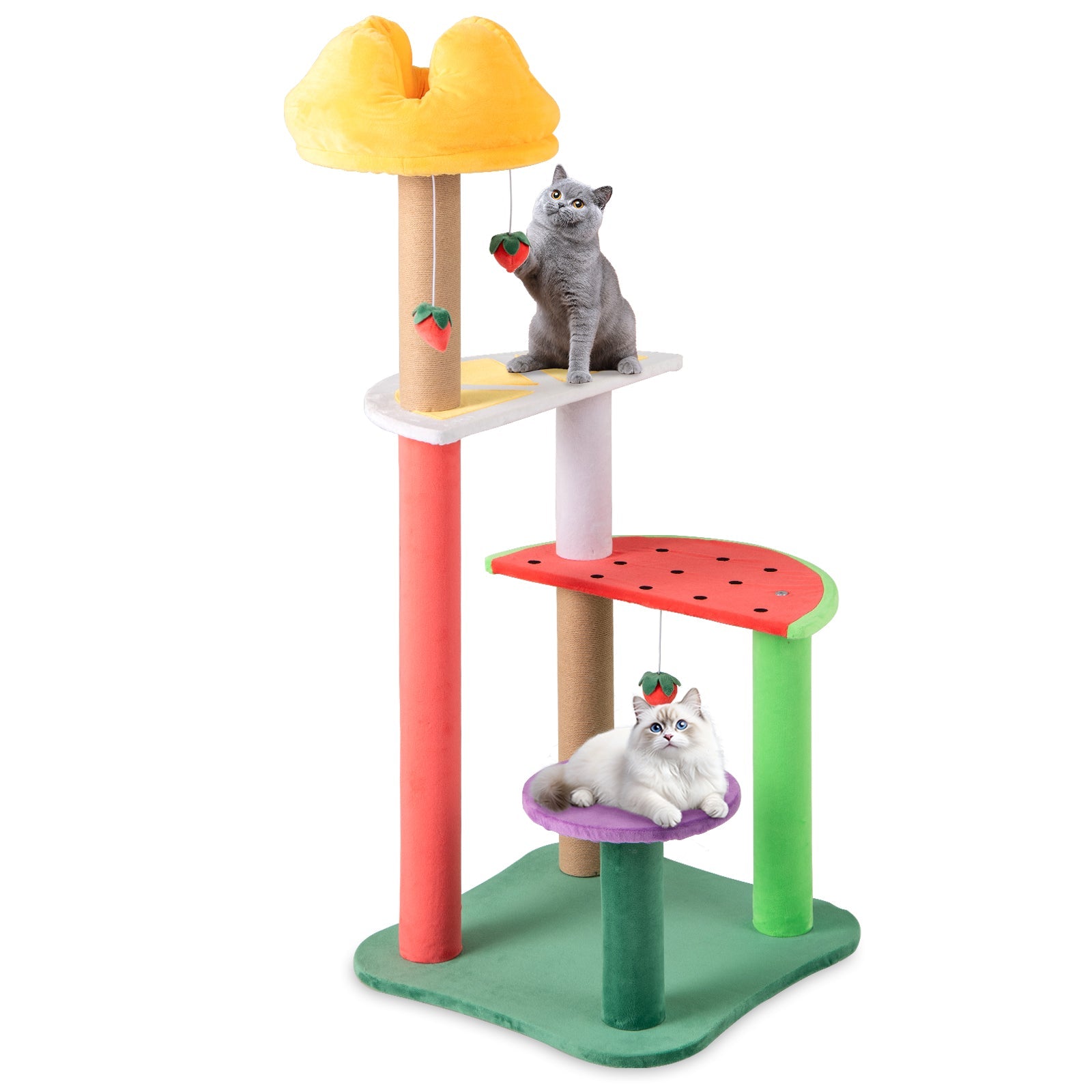 45 Inch Multi-Level Cat Tree with Plush Padded Top Perch and Fruit-Shaped Platforms - Majestic Pet Kingdom