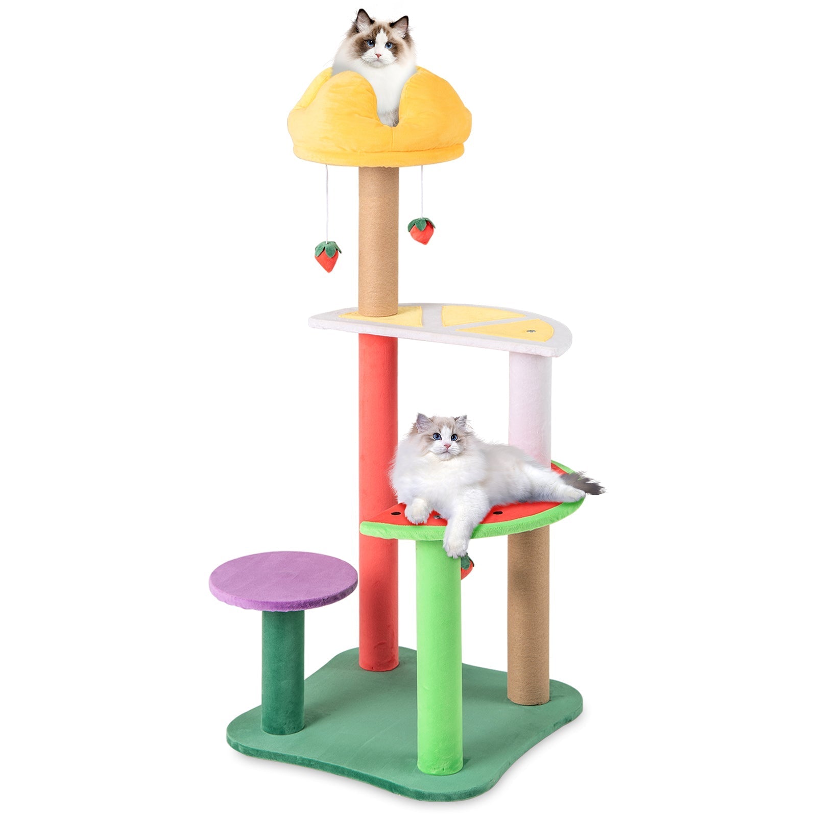 45 Inch Multi-Level Cat Tree with Plush Padded Top Perch and Fruit-Shaped Platforms - Majestic Pet Kingdom