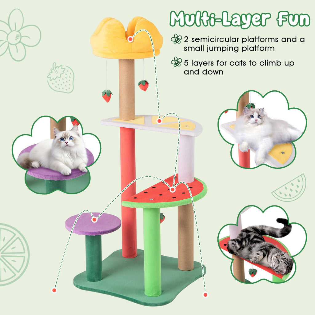 45 Inch Multi-Level Cat Tree with Plush Padded Top Perch and Fruit-Shaped Platforms - Majestic Pet Kingdom