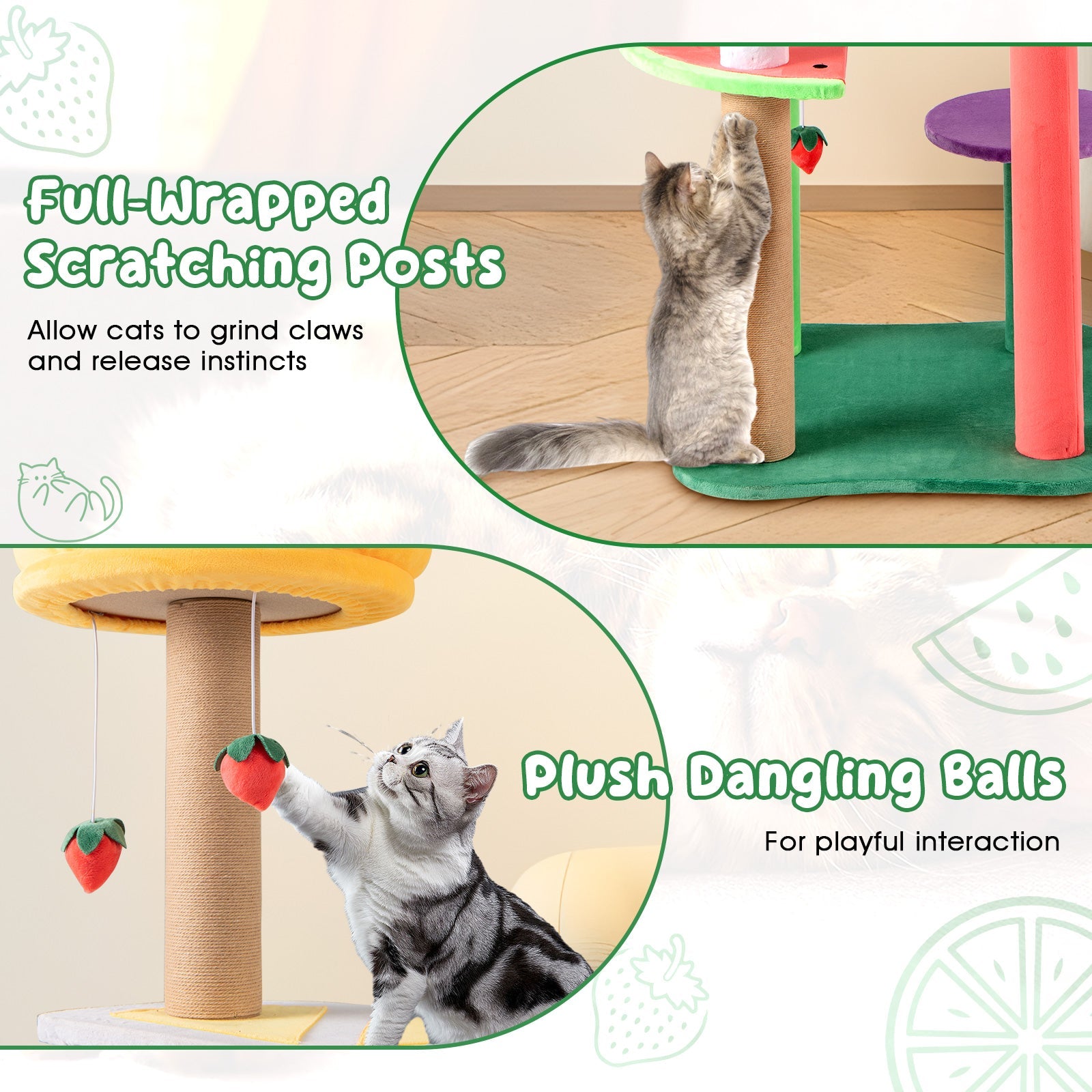 45 Inch Multi-Level Cat Tree with Plush Padded Top Perch and Fruit-Shaped Platforms - Majestic Pet Kingdom