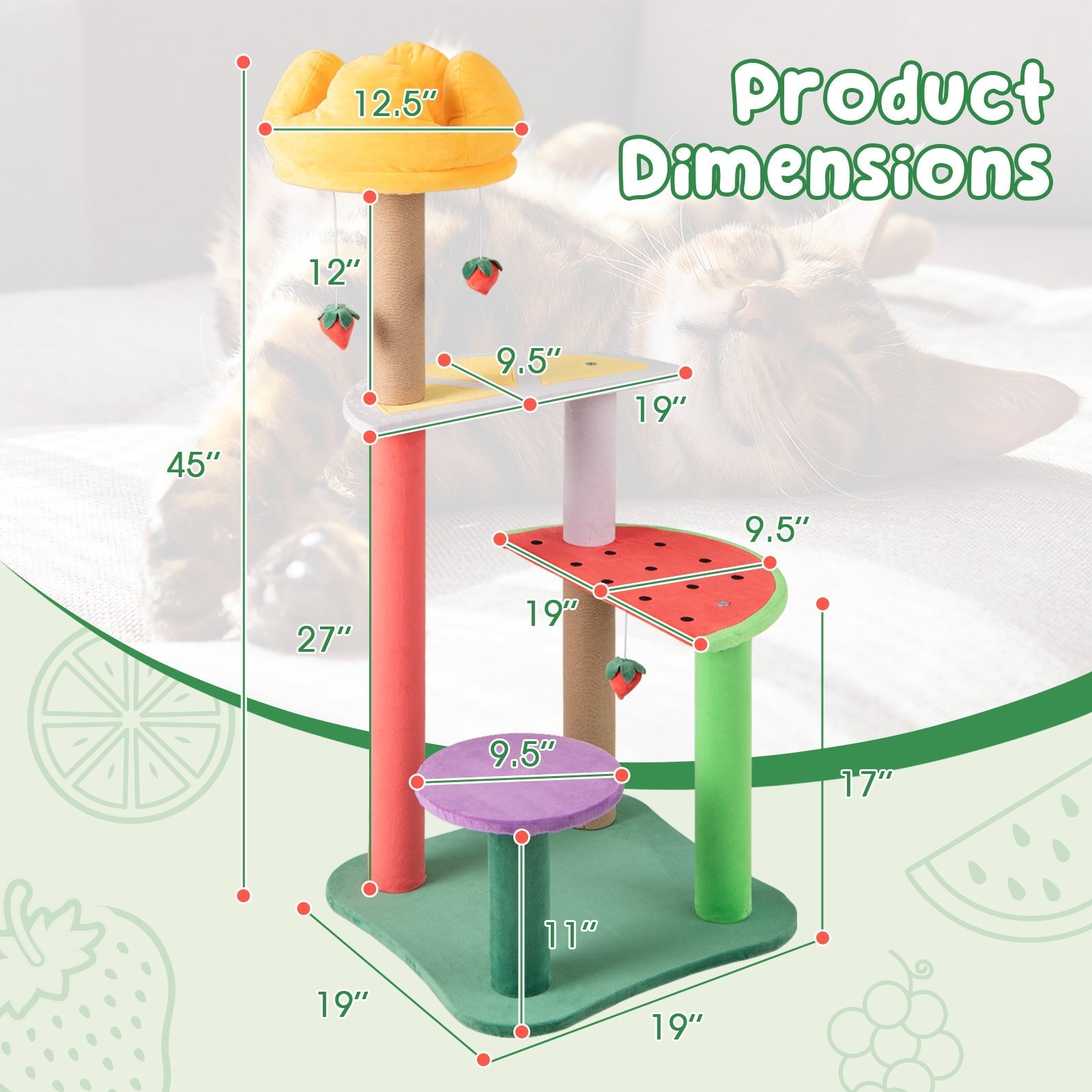 45 Inch Multi-Level Cat Tree with Plush Padded Top Perch and Fruit-Shaped Platforms - Majestic Pet Kingdom