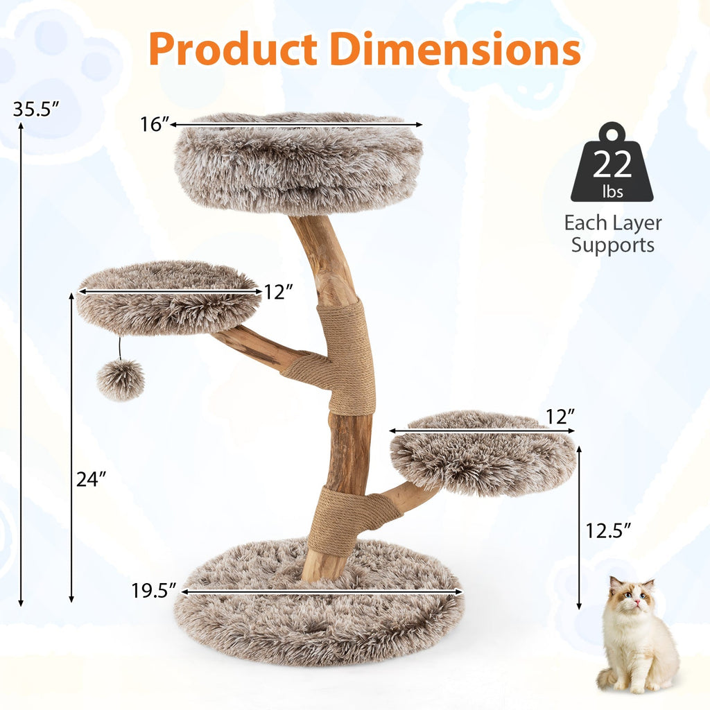 Cat Tree Solid Pear Wood with Perch and Natural Jute Scratching Posts-Brown - Majestic Pet Kingdom