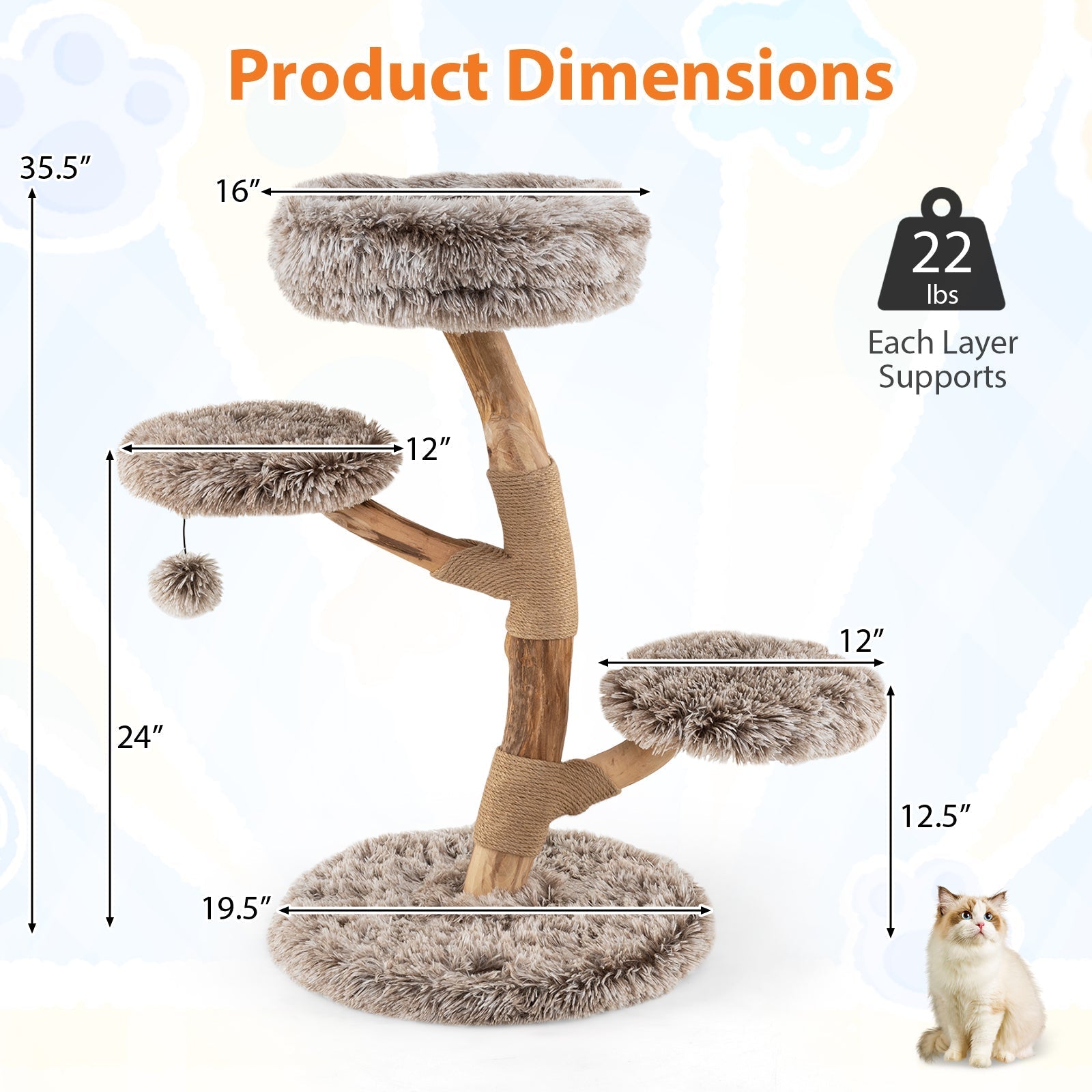 Cat Tree Solid Pear Wood with Perch and Natural Jute Scratching Posts-Brown - Majestic Pet Kingdom