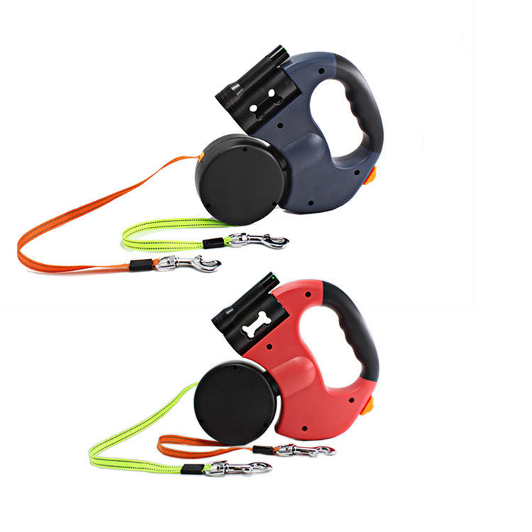 Dual Retractable Dog Leash with LED Light & Bag Holder