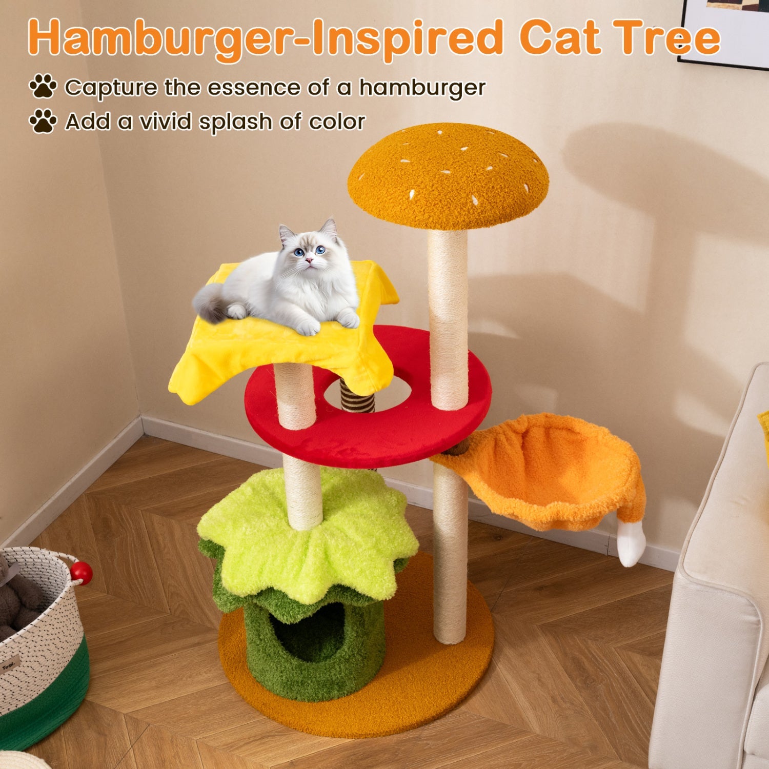 46 Inch Tall Cat Tree Multi-Level with Padded Perch and Hanging Basket Bed - Majestic Pet Kingdom