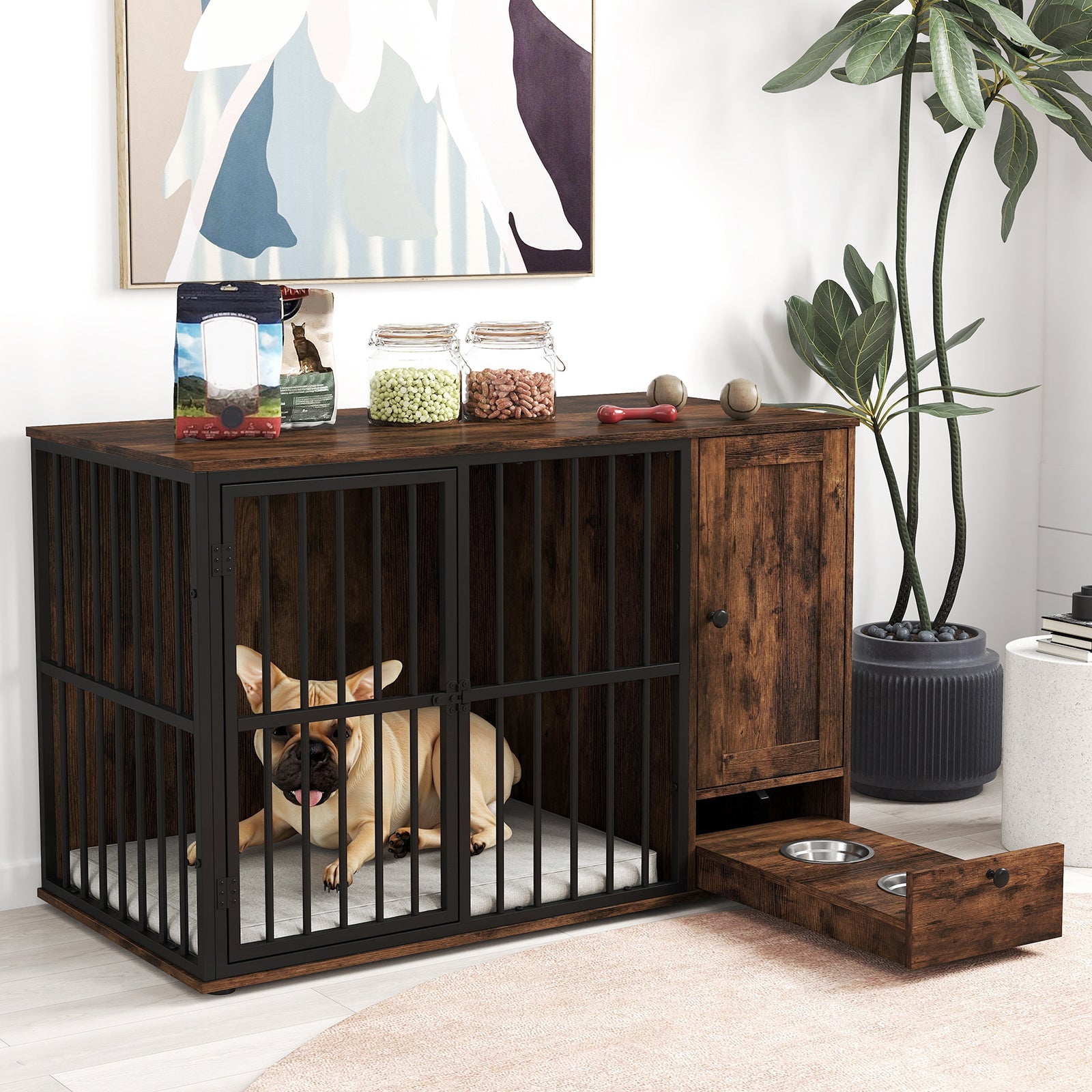 Dog Crate Furniture 47.5in Wooden Kennel with Pull-Out Bowls - Main Feature View | Majestic Pet Kingdom