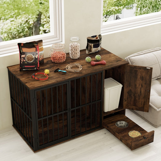 47.5 inch Dog Crate Furniture with Hidden Pull-out Bowls in Drawer for Small and Medium Dogs-Rustic Brown - Majestic Pet Kingdom