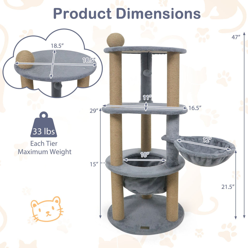 47 Inches Tall Cat Tower with Cat Nest and Scratching Posts-Gray - Majestic Pet Kingdom