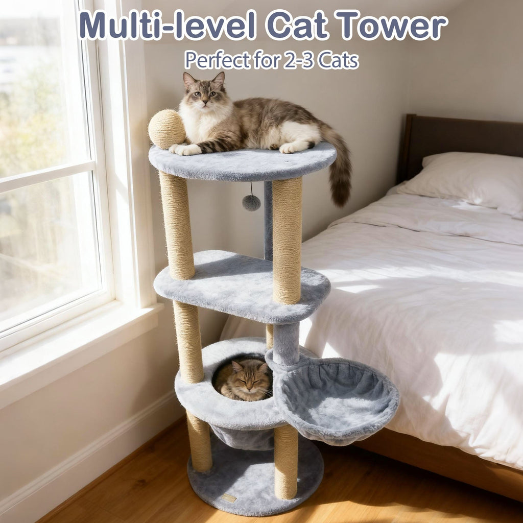 47 Inches Tall Cat Tower with Cat Nest and Scratching Posts-Gray - Majestic Pet Kingdom