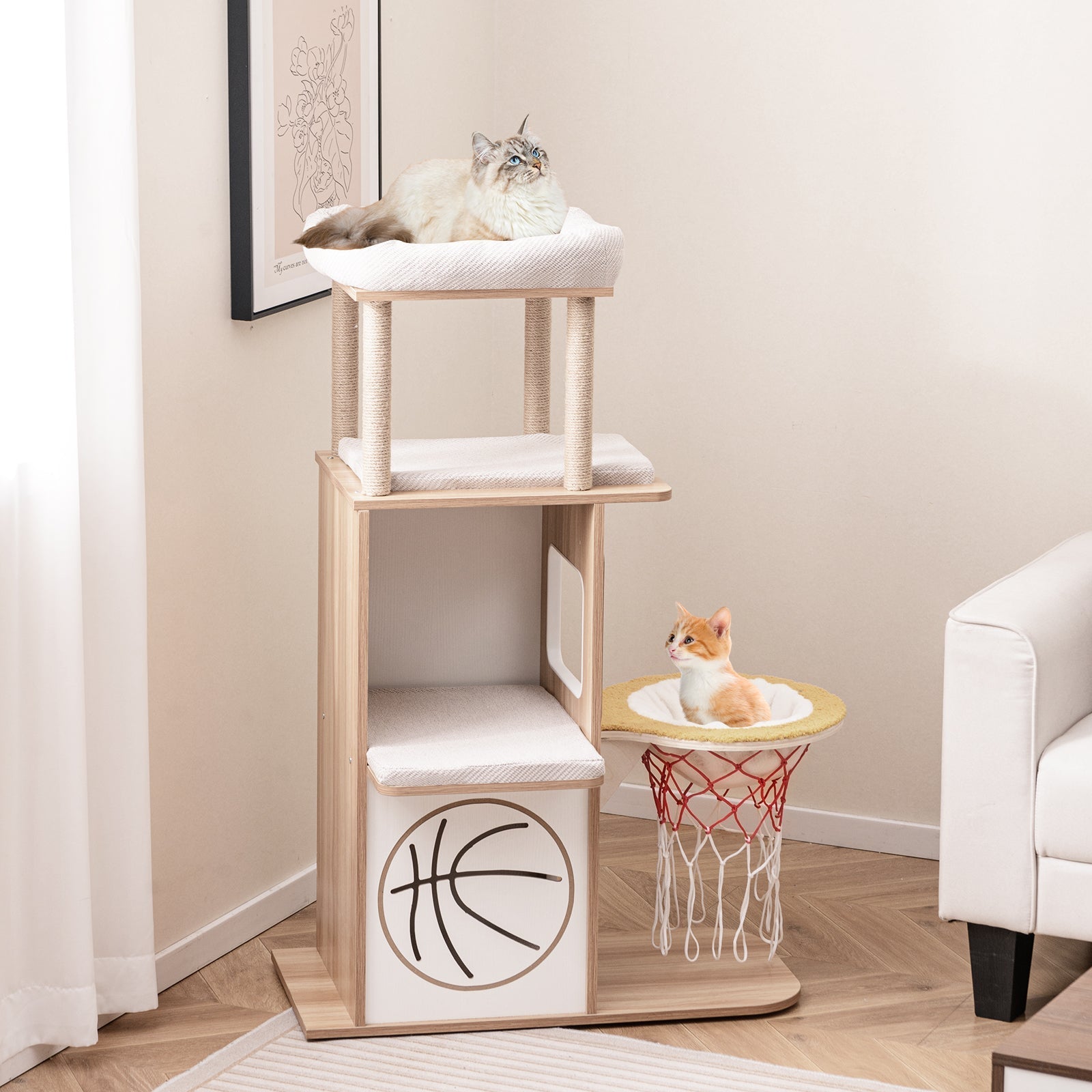 47 Inches Wooden Cat Tree with 2-Story Cat Condo and Basketball Hoop Hammock-Natural - Majestic Pet Kingdom