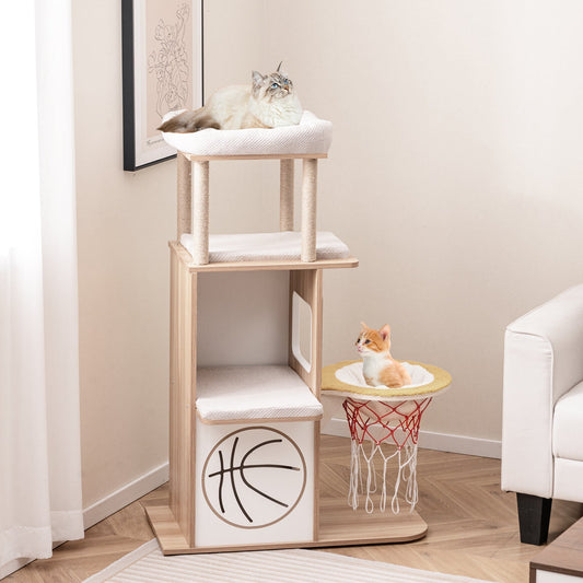 47 Inches Wooden Cat Tree with 2-Story Cat Condo and Basketball Hoop Hammock-Natural - Majestic Pet Kingdom