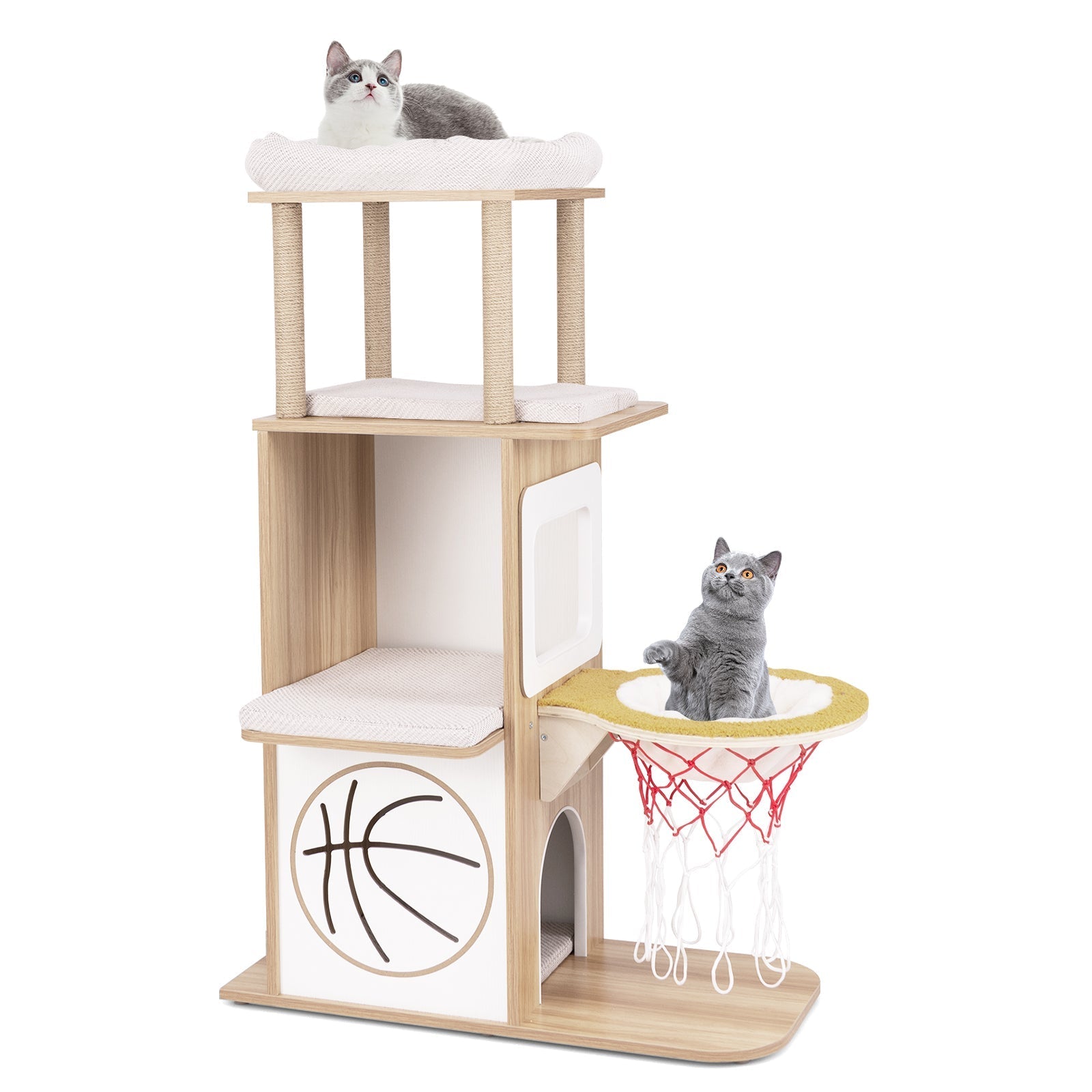 47 Inches Wooden Cat Tree with 2-Story Cat Condo and Basketball Hoop Hammock-Natural - Majestic Pet Kingdom