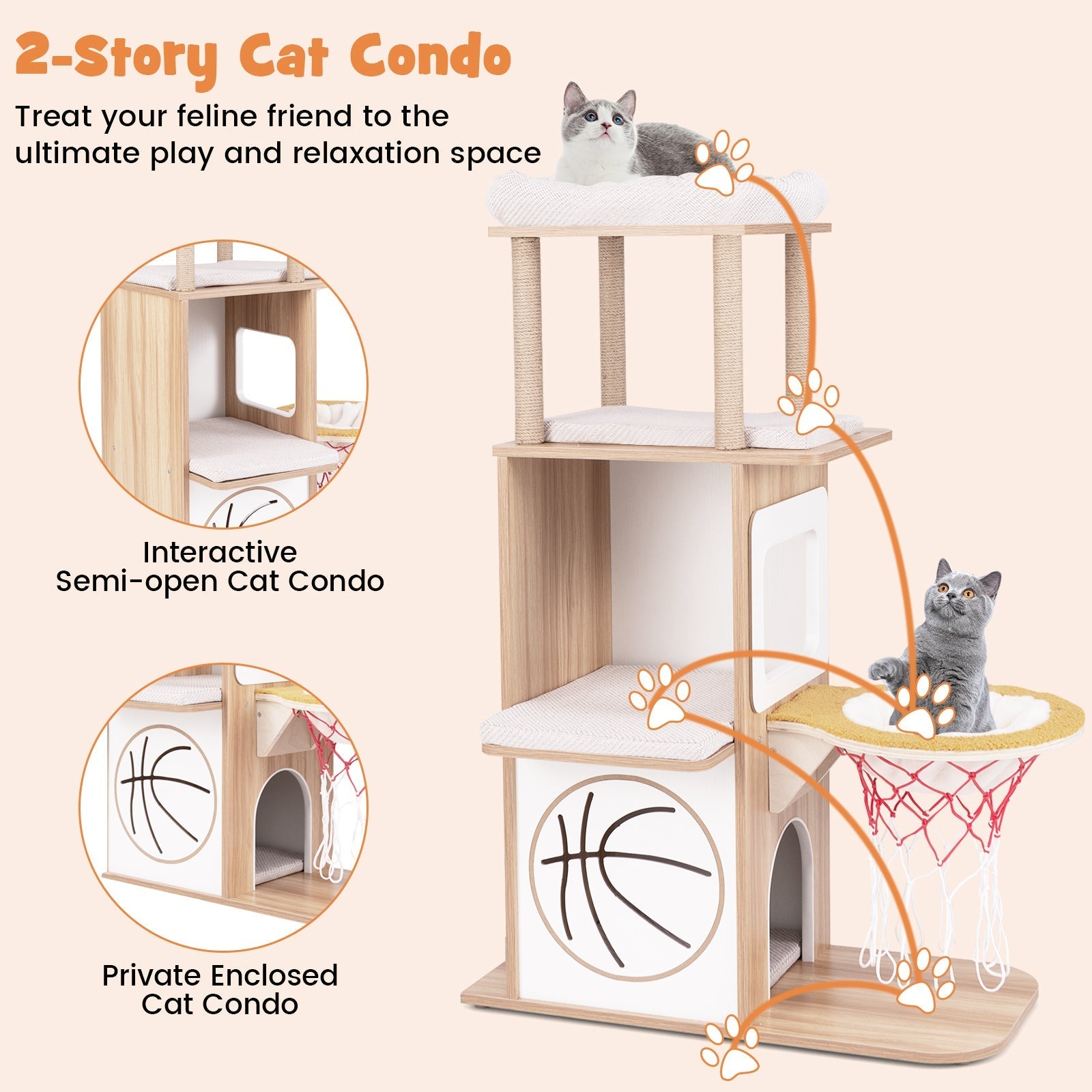 47 Inches Wooden Cat Tree with 2-Story Cat Condo and Basketball Hoop Hammock-Natural - Majestic Pet Kingdom