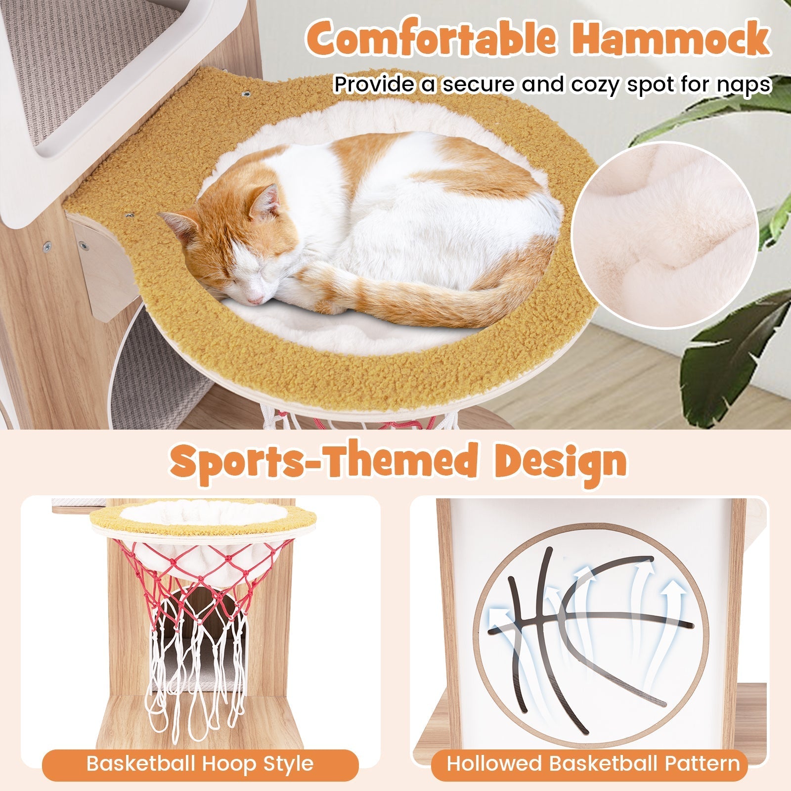 47 Inches Wooden Cat Tree with 2-Story Cat Condo and Basketball Hoop Hammock-Natural - Majestic Pet Kingdom
