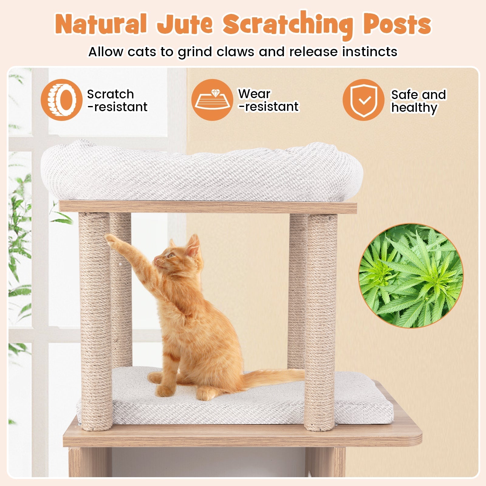 47 Inches Wooden Cat Tree with 2-Story Cat Condo and Basketball Hoop Hammock-Natural - Majestic Pet Kingdom