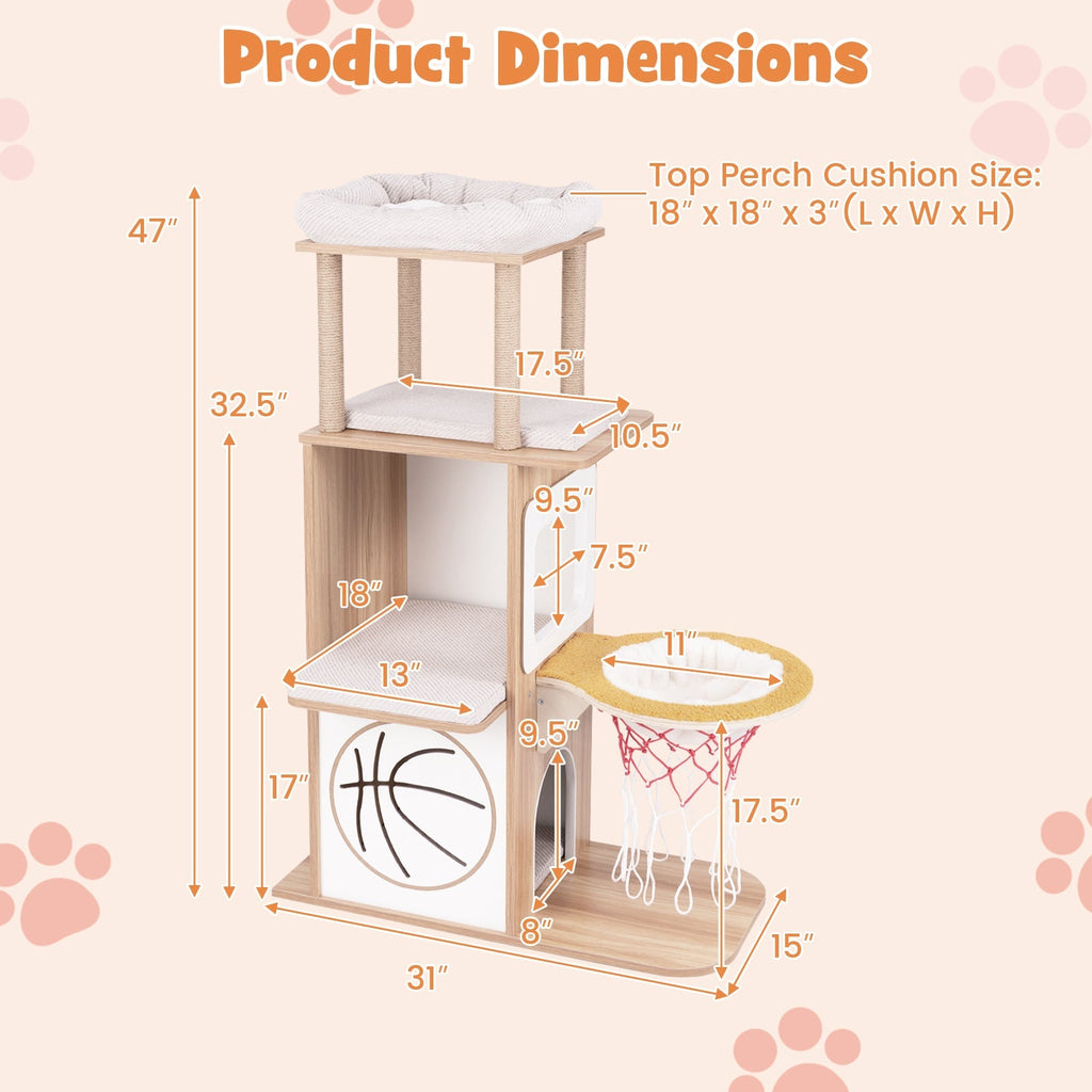 47 Inches Wooden Cat Tree with 2-Story Cat Condo and Basketball Hoop Hammock-Natural - Majestic Pet Kingdom