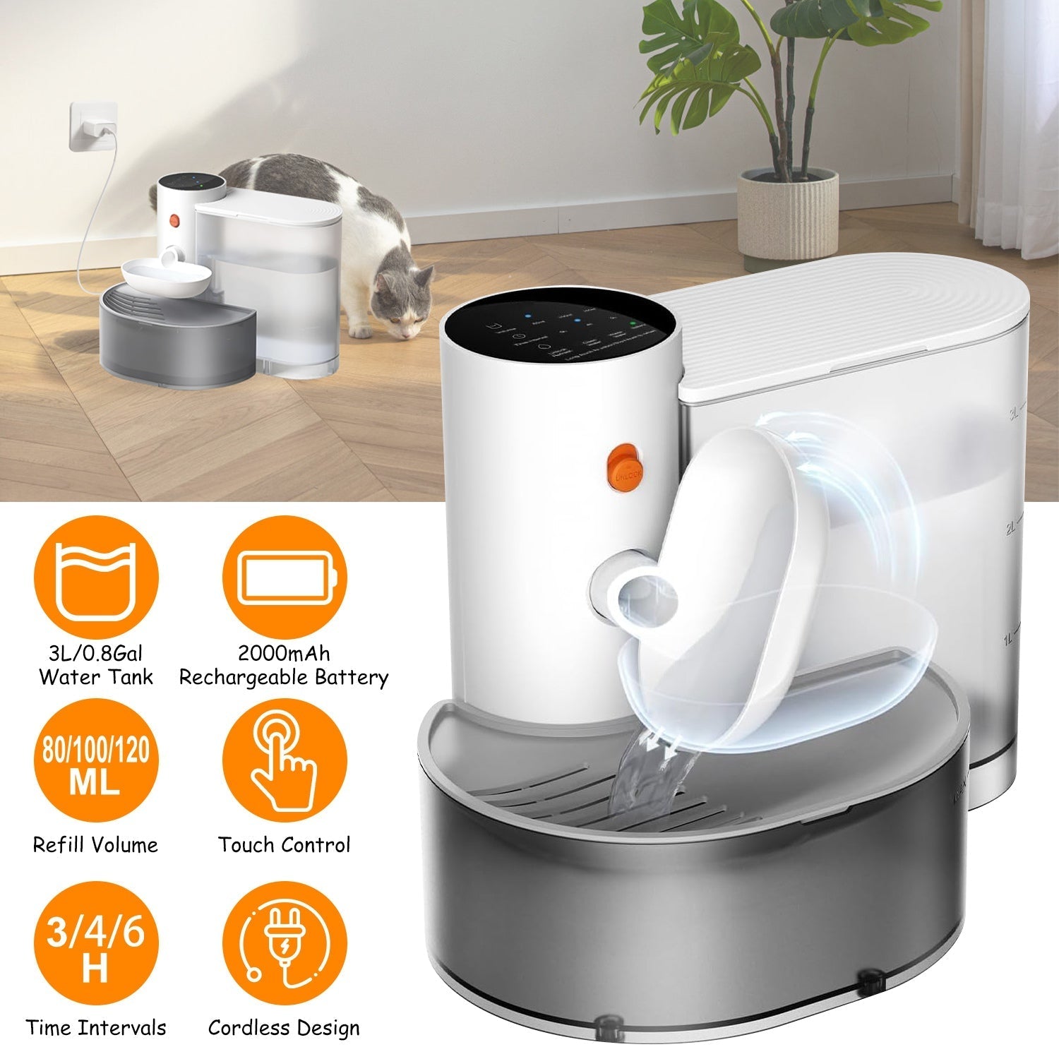 Smart Pet Water Fountain Automatic Cat Water Dispenser 3L/101OZ Cordless Rechargeable Dog Water Fountain Self-Refill with 3 Adjustable Volume 3 Time I - Majestic Pet Kingdom