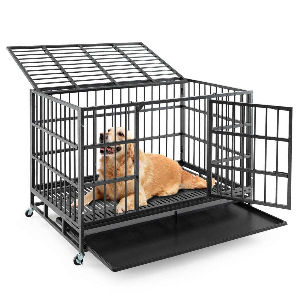 48 Inch Foldable Heavy-Duty Metal Dog Cage with Lockable Rolling Casters and Tray - Majestic Pet Kingdom