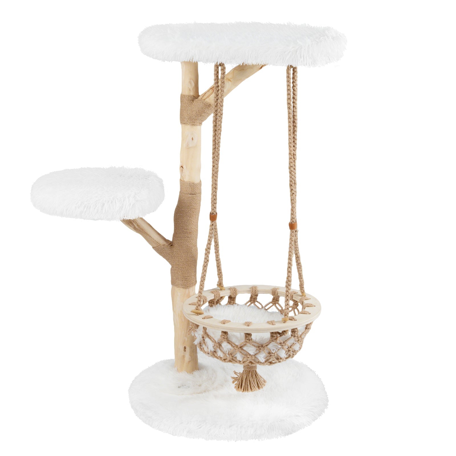 48.5 Inch Solid Wood Cat Tree with Hanging Cradle and Jute Scratching Post-White - Majestic Pet Kingdom