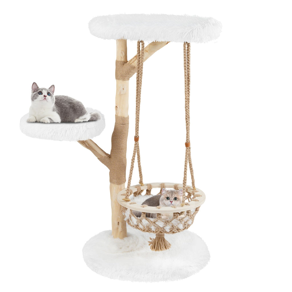 48.5 Inch Solid Wood Cat Tree with Hanging Cradle and Jute Scratching Post-White - Majestic Pet Kingdom