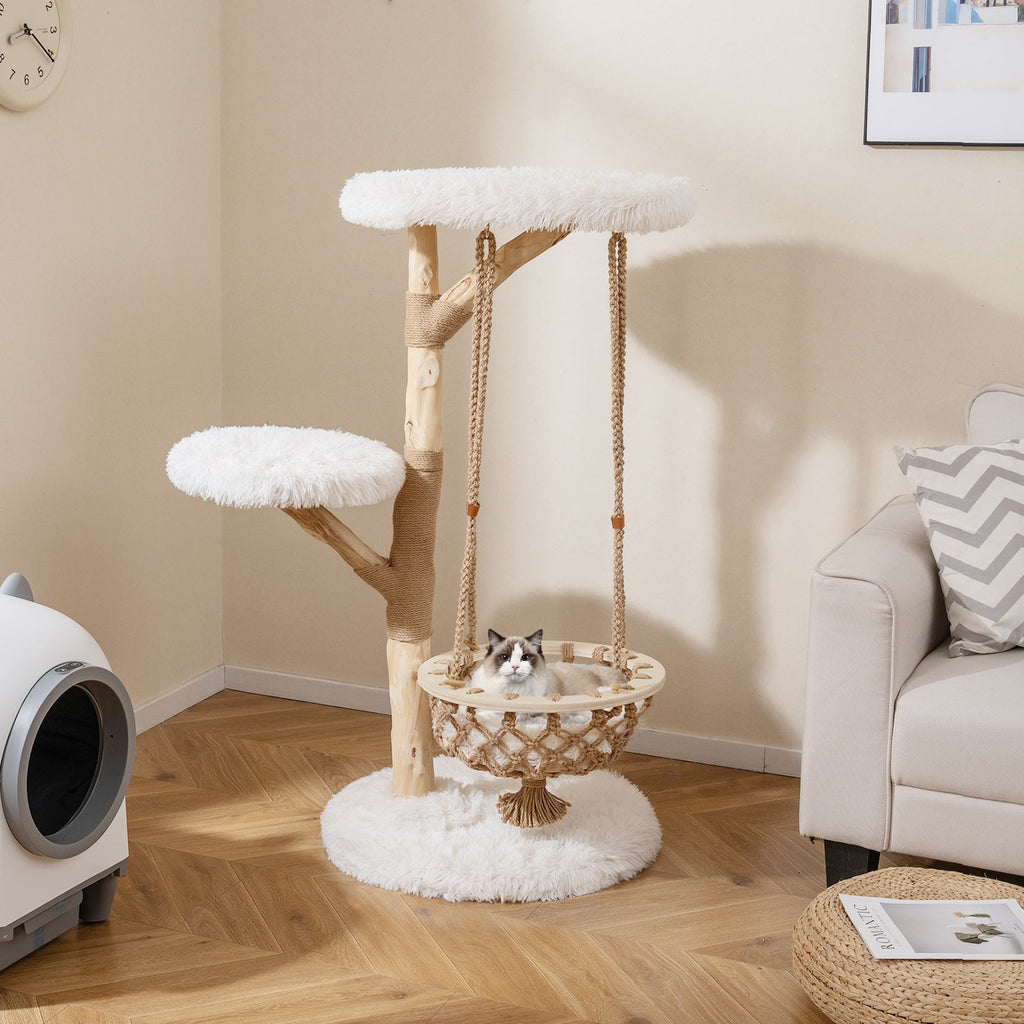 48.5 Inch Solid Wood Cat Tree with Hanging Cradle and Jute Scratching Post-White - Majestic Pet Kingdom