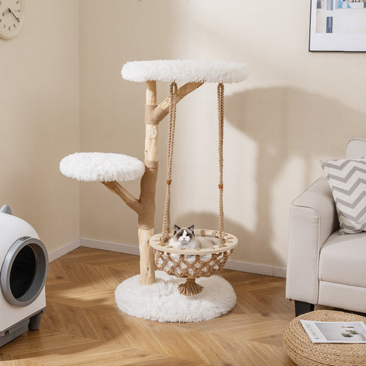 48.5 Inch Solid Wood Cat Tree with Hanging Cradle and Jute Scratching Post-White - Majestic Pet Kingdom