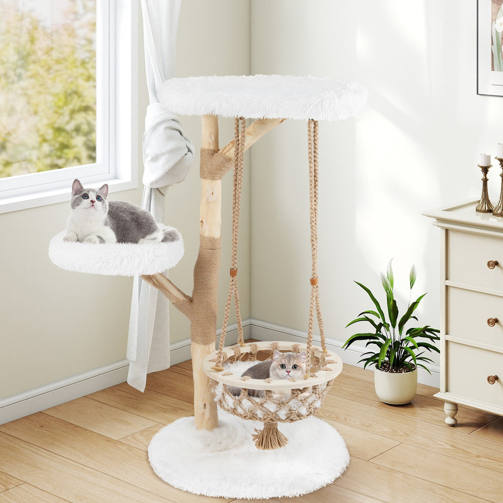 48.5 Inch Solid Wood Cat Tree with Hanging Cradle and Jute Scratching Post-White - Majestic Pet Kingdom