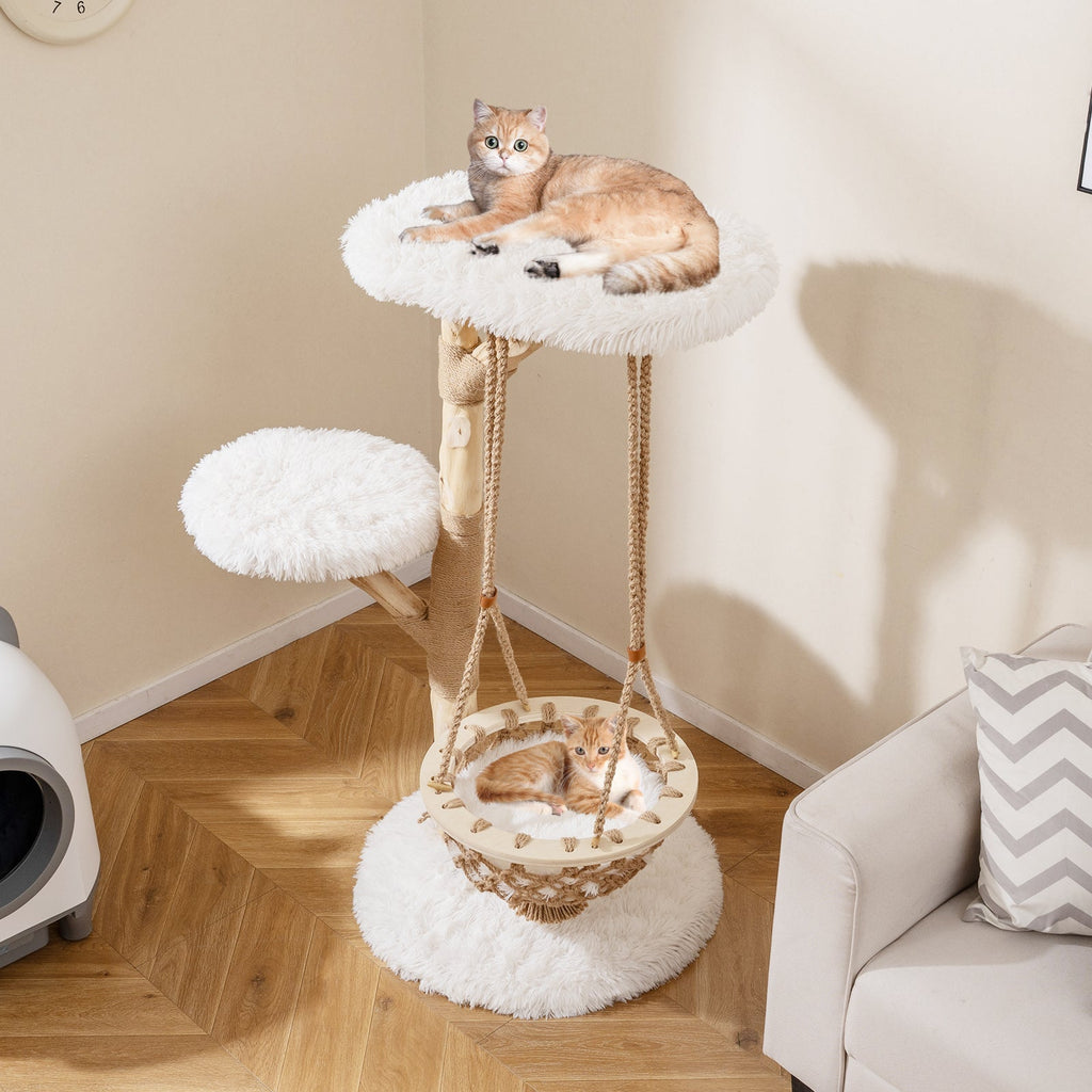 48.5 Inch Solid Wood Cat Tree with Hanging Cradle and Jute Scratching Post-White - Majestic Pet Kingdom