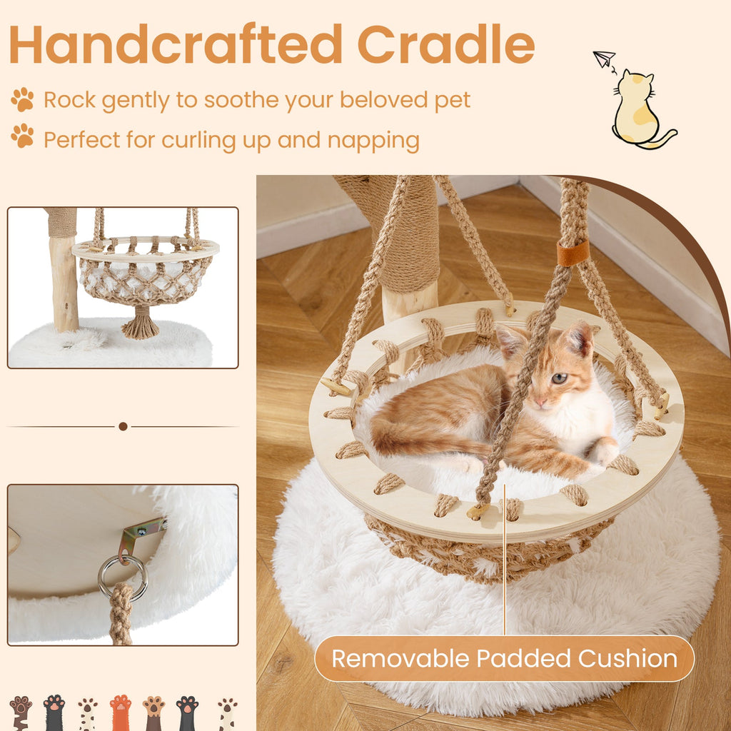48.5 Inch Solid Wood Cat Tree with Hanging Cradle and Jute Scratching Post-White - Majestic Pet Kingdom