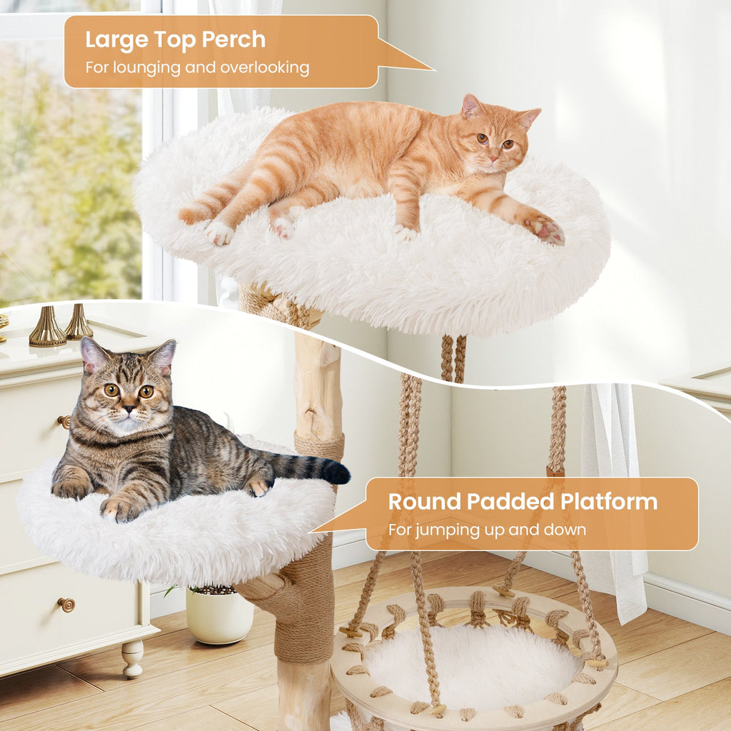 48.5 Inch Solid Wood Cat Tree with Hanging Cradle and Jute Scratching Post-White - Majestic Pet Kingdom