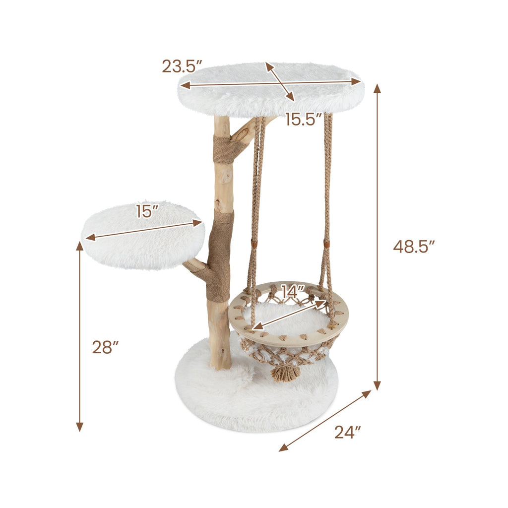 48.5 Inch Solid Wood Cat Tree with Hanging Cradle and Jute Scratching Post-White - Majestic Pet Kingdom