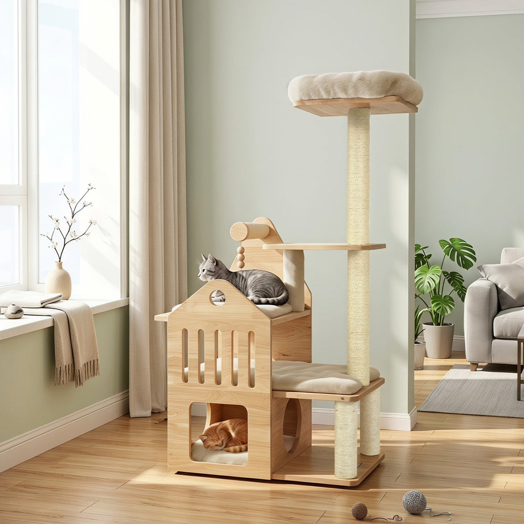 Multi-Level Solid Wood Cat Tree 48.5" with Condo & Scratchers - Majestic Pet Kingdom