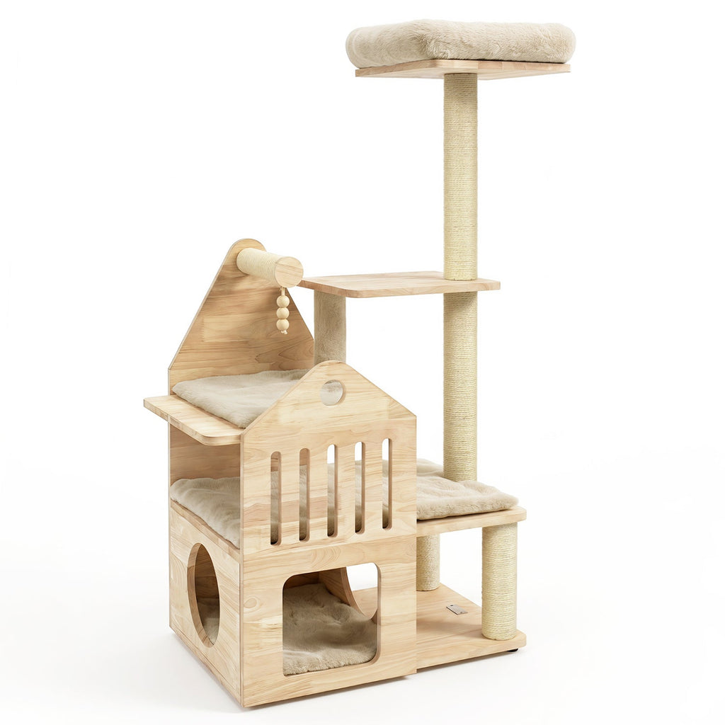 Multi-Level Solid Wood Cat Tree 48.5" with Condo & Scratchers - Majestic Pet Kingdom