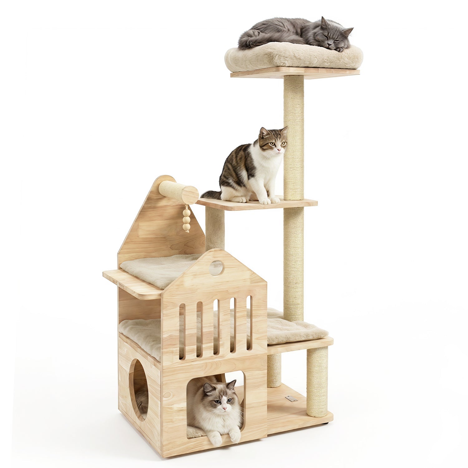 Multi-Level Solid Wood Cat Tree 48.5" with Condo & Scratchers - Majestic Pet Kingdom