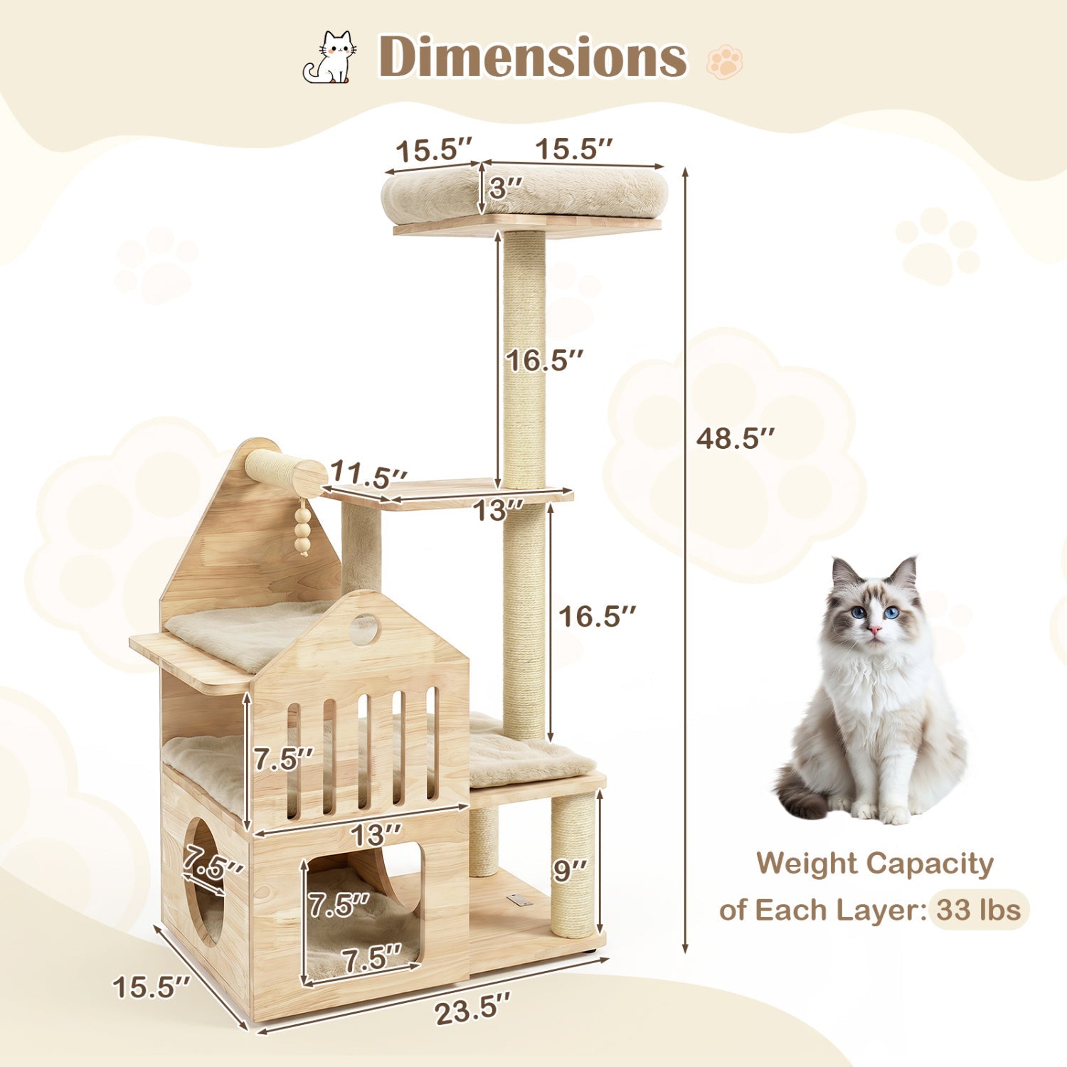 Multi-Level Solid Wood Cat Tree 48.5" with Condo & Scratchers - Majestic Pet Kingdom