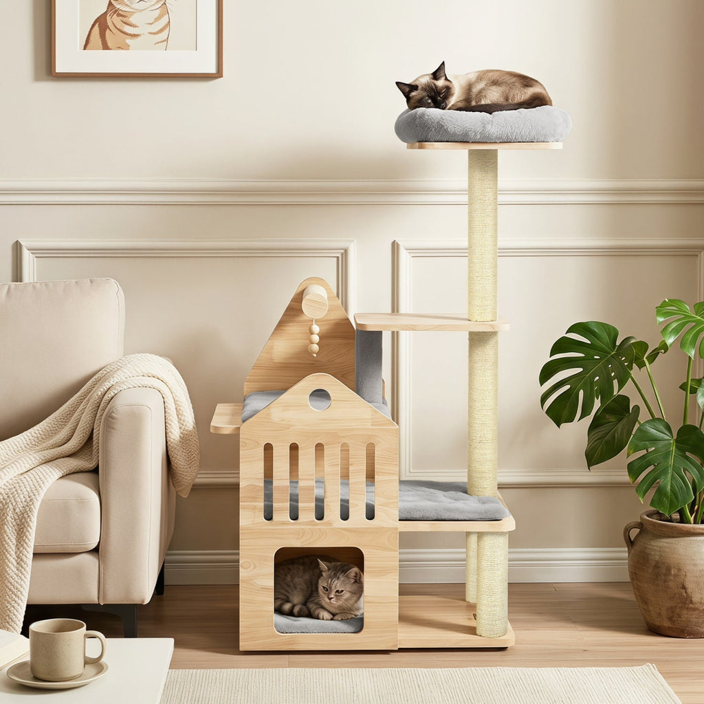 Multi-Level Solid Wood Cat Tree 48.5" with Condo & Scratchers - Majestic Pet Kingdom