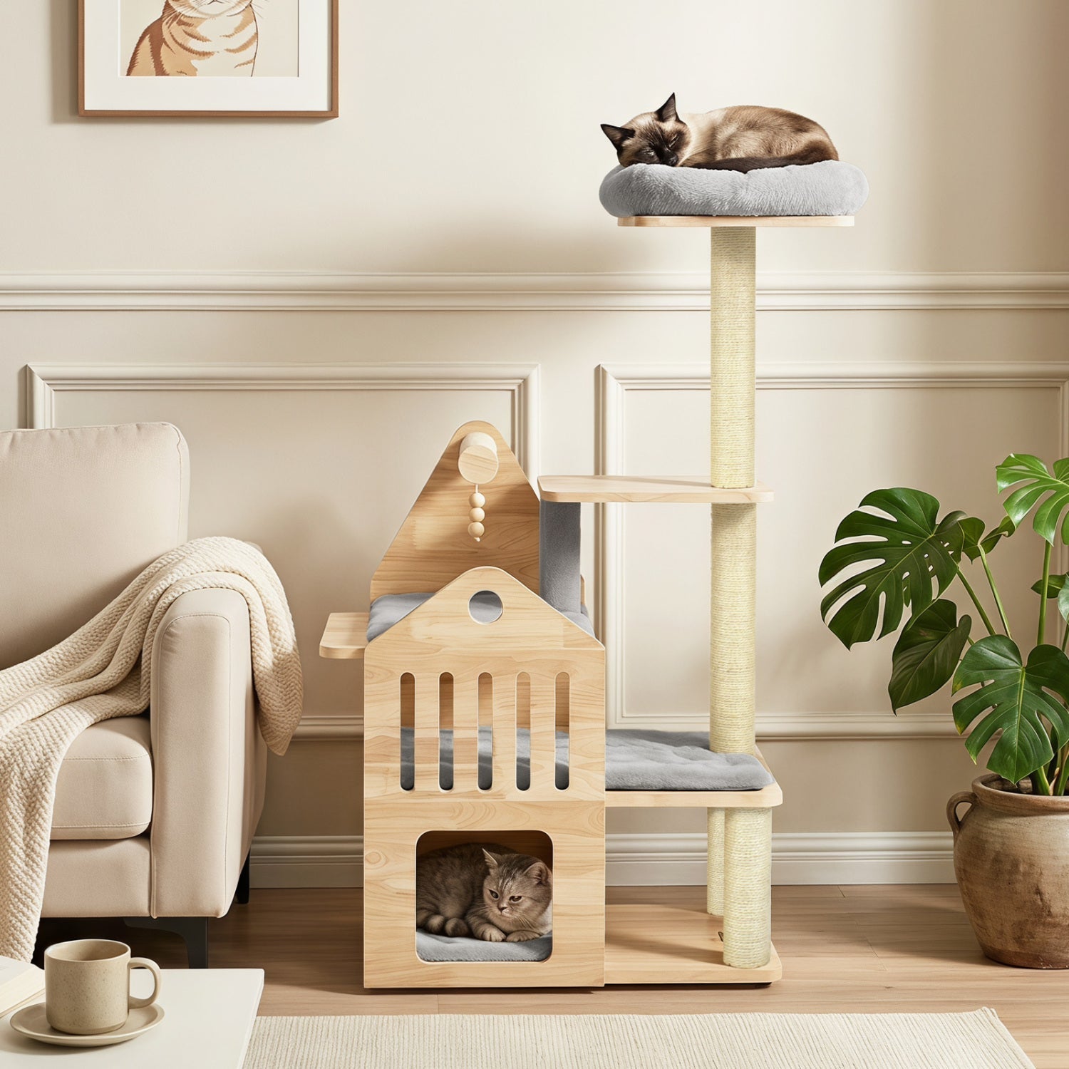 Multi-Level Solid Wood Cat Tree 48.5" with Condo & Scratchers - Majestic Pet Kingdom